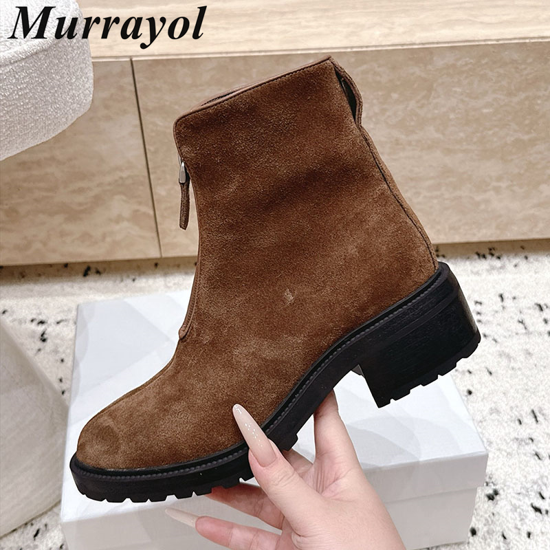 Riding Boot Short - รองเท้าบูทสั้นส้นสูงหนังวัวแบบมีซิปด้านหน้า ดีไซน์บูทขี่ม้าสำหรับผู้หญิง เหมาะสำหรับงานปาร์ตี้และงานเลี้ยงในฤดูใบไม้ร่วงและฤดูหนาว