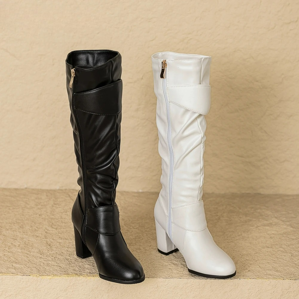 Riding Boot Short - รองเท้าบูทผู้หญิงสีดำขาวแบบใหม่สำหรับฤดูหนาว ส้นสูงทรงเหลี่ยมแบบเซ็กซี่ รองเท้าขี่ม้าสำหรับผู้หญิง มีไซส์เล็กใหญ่พิเศษ