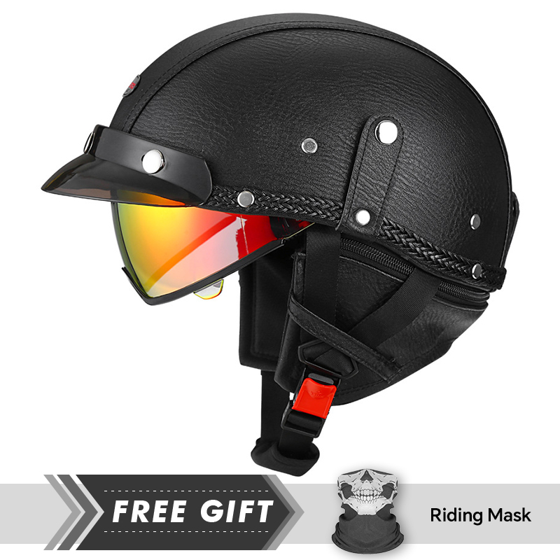 Motorcycle Gear Store - DOT ได้รับการอนุมัติผู้ชายผู้หญิงครึ่งหน้าหมวกกันน็อครถจักรยานยนต์หนัง Low Profile หมวกกันน็อคครึ่ง Chopper