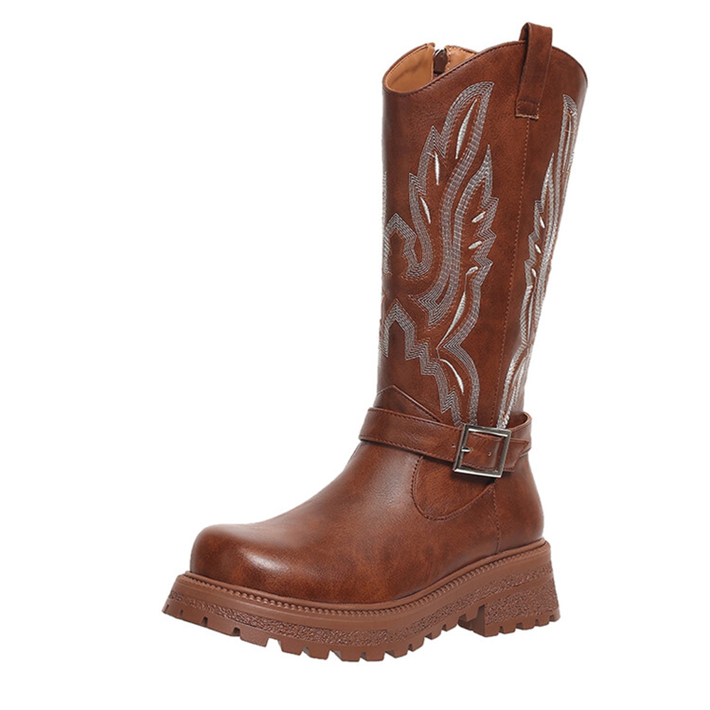 Riding Boot Short - รองเท้าบูทผู้หญิงทรงคาวบอยแบบส้นหนา หัวมน กันน้ำ มีซิปด้านใน ตกแต่งลายปัก สวมใส่สบาย