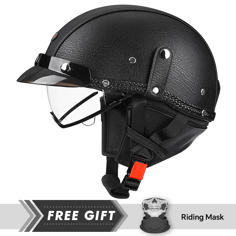 Motorcycle Gear Store - ผู้ชาย Retro รถจักรยานยนต์หมวกกันน็อคครึ่งหนังสีดําเปิดครึ่งหมวกกันน็อค DOT ได้รับการรับรอง 1/2