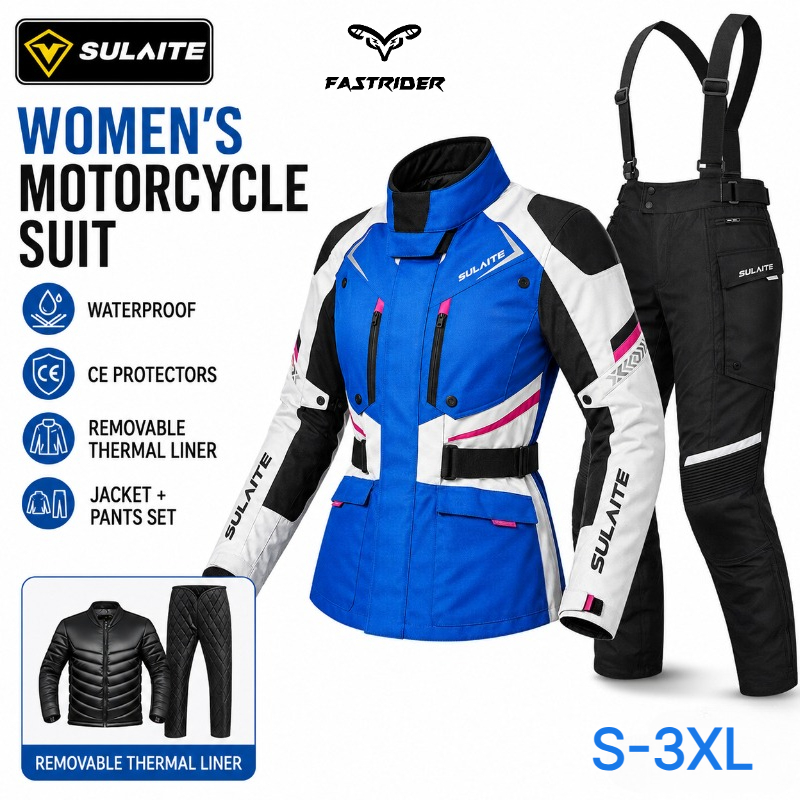 Motorcycle Gear Jacket Women - ชุดขี่มอเตอร์ไซค์สำหรับผู้หญิง ชุดกันหนาว กันน้ำ พร้อมเสื้อแจ็คเก็ตและกางเกง ซับในกันหนาวแบบถอดได้ เหมาะสำหรับการเดินทางไกล