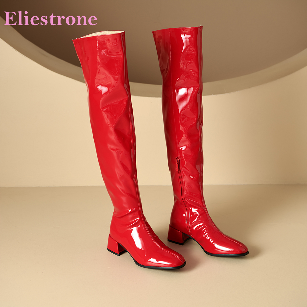 Riding Boot Short - รองเท้าบูทผู้หญิงสีแดงทองสไตล์วินเทอร์แกลมเมอร์ แบบสวมเหนือเข่า ส้นหนาปานกลาง มีไซส์ใหญ่และเล็ก ไซส์ 11